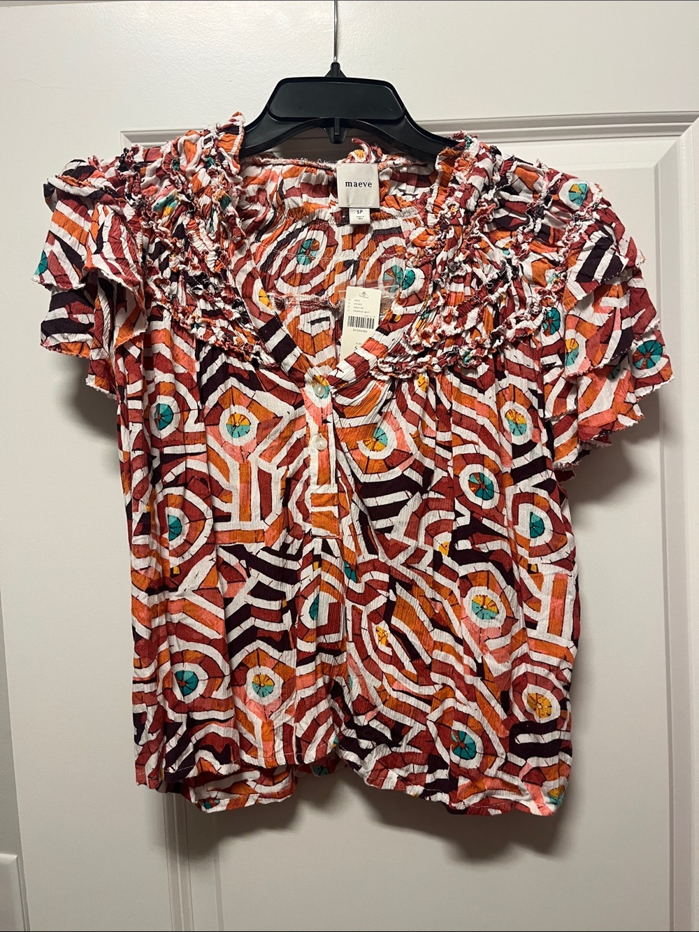 Maeve Multicolor Geometric Smocked Neck Short Sleeve Blouse